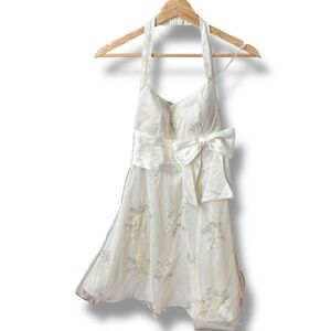 Vtg 90s y2k Jump apparel White Halter Dress Floral glitter size 5 6 prom dance
